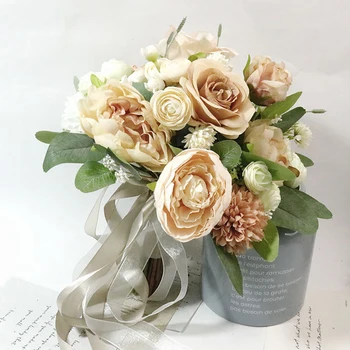 Champanhe Artificial Rose Flores De Noiva, Buquê De Casamento, Decoração Do Peônia Seda Falso Flores