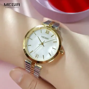 MEGIR Relógio de Quartzo para Mulheres Fashion Analógico Simples Vintage relógio de Pulso com pulseira de Aço Inoxidável 3atm Waterproof Senhora Prata Ouro