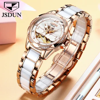 JSDUN Mulheres Relógio Luminoso Impermeável mecânico Automático Pulseira de Cerâmica Esqueleto de moda mecânica senhoras relógio feminino relógio