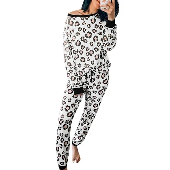 Senhoras Moda Leopard Print Plus-size Pijama Terno Sexy Gola Redonda, Manga Longa Pulôver de Calças de Vida Diária